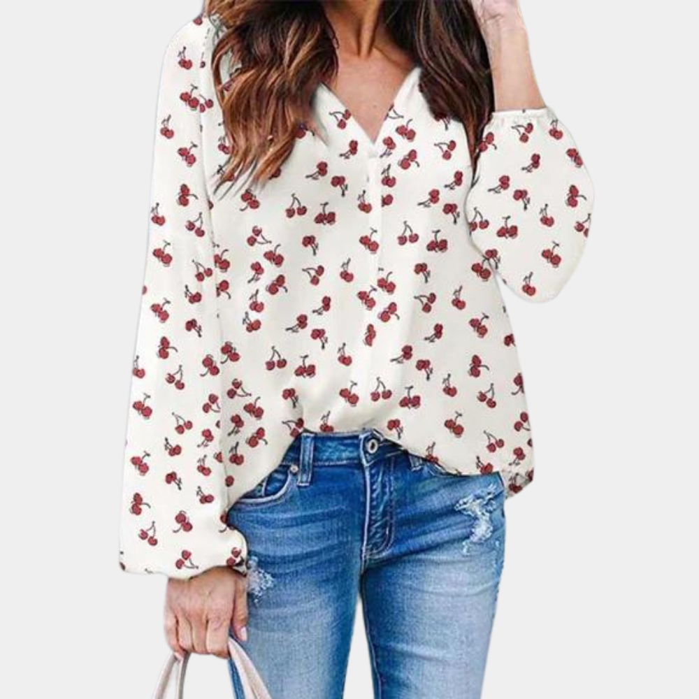 Chic damebluse med kirsebærprint