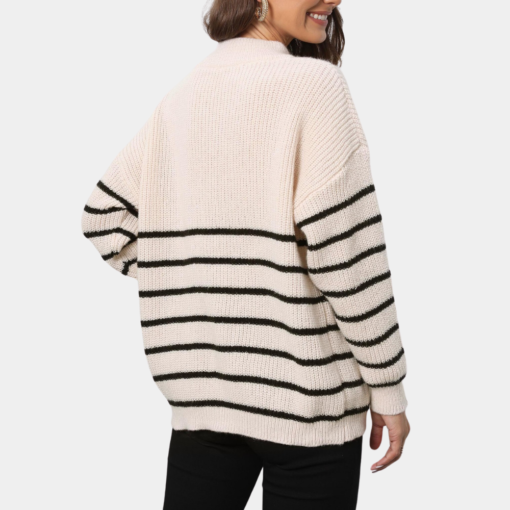 Nydia - Stribet strikket sweater med halv lynlås til kvinder