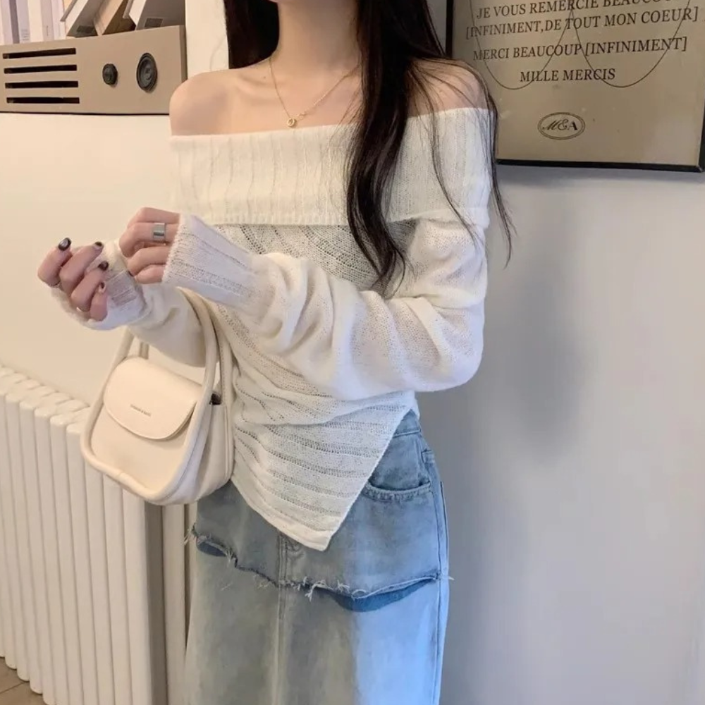 Rosalina - Moderigtig off-shoulder-strikket sweater til kvinder