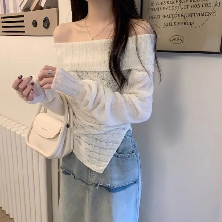 Rosalina - Moderigtig off-shoulder-strikket sweater til kvinder