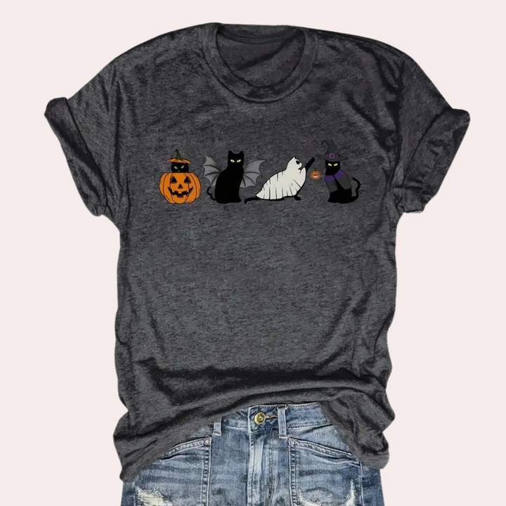 Kati - Halloween t-shirt med kat og græskar til kvinder