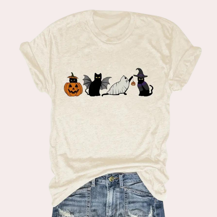 Kati - Halloween t-shirt med kat og græskar til kvinder