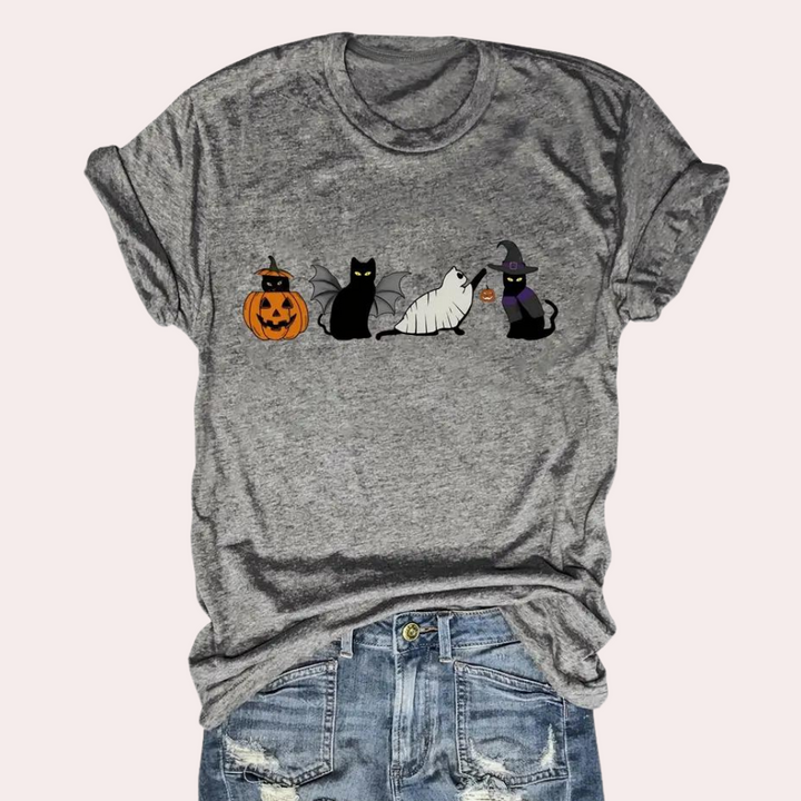 Kati - Halloween t-shirt med kat og græskar til kvinder