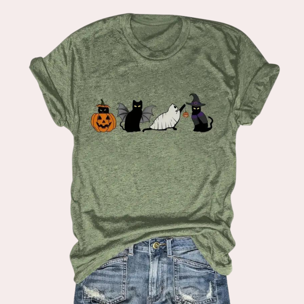 Kati - Halloween t-shirt med kat og græskar til kvinder